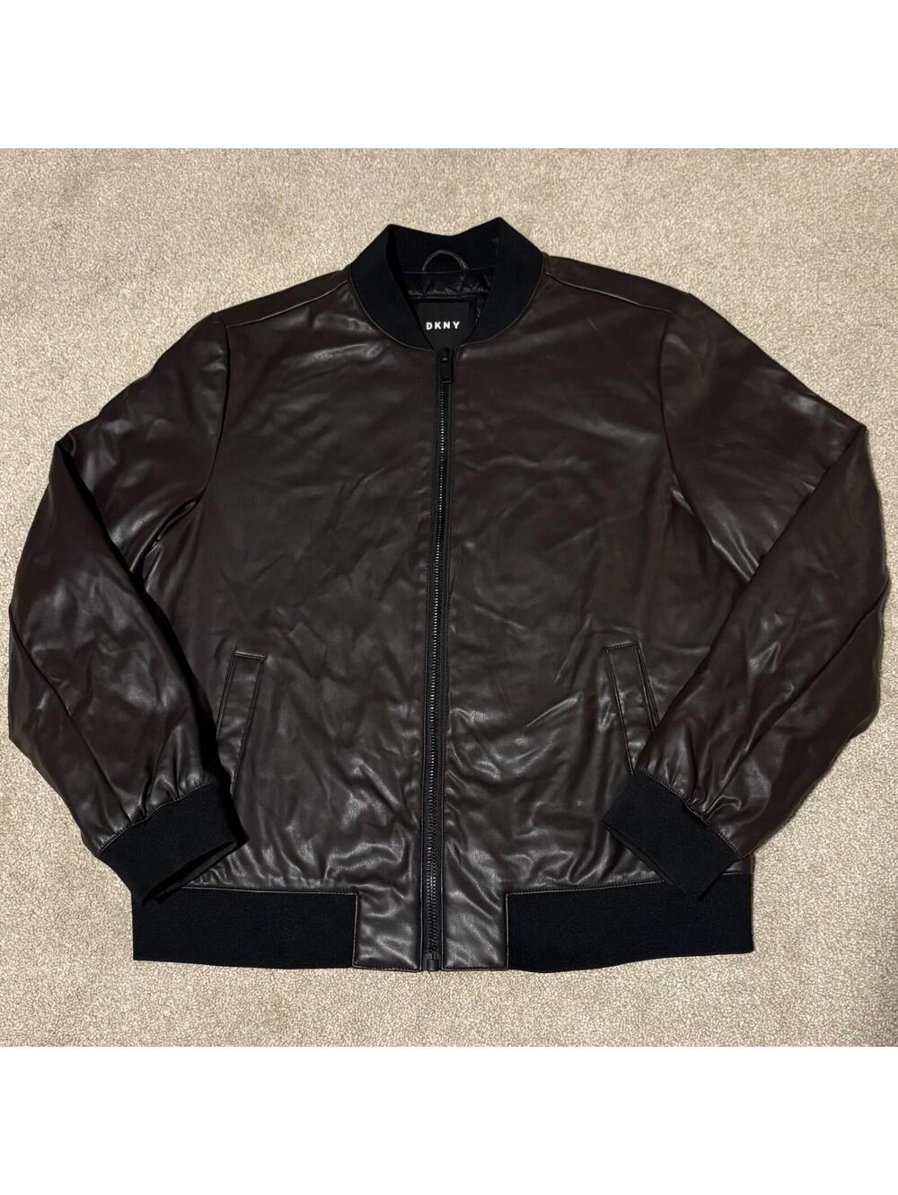 DKNY Mens Sz L Faux Leather Bomber Jacket Full Zip Brown Black Vegan Grunge